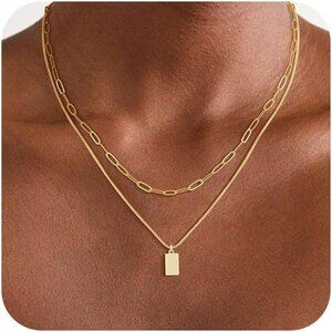 14K Gold Plated Layered Necklace Women Men Sweatproof Chunky Herringbone Chain